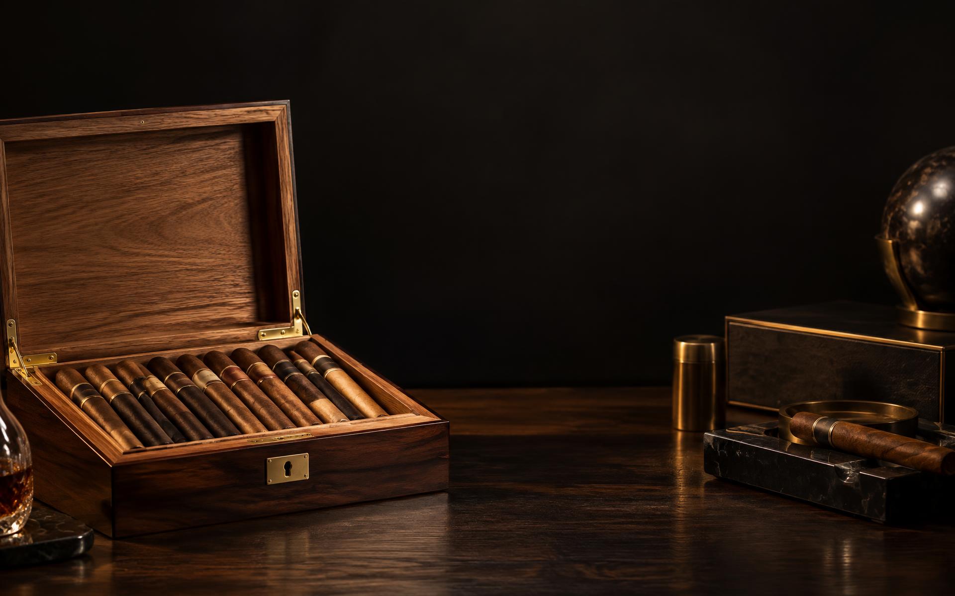 Open cedar humidor with a curated selection of premium cigars