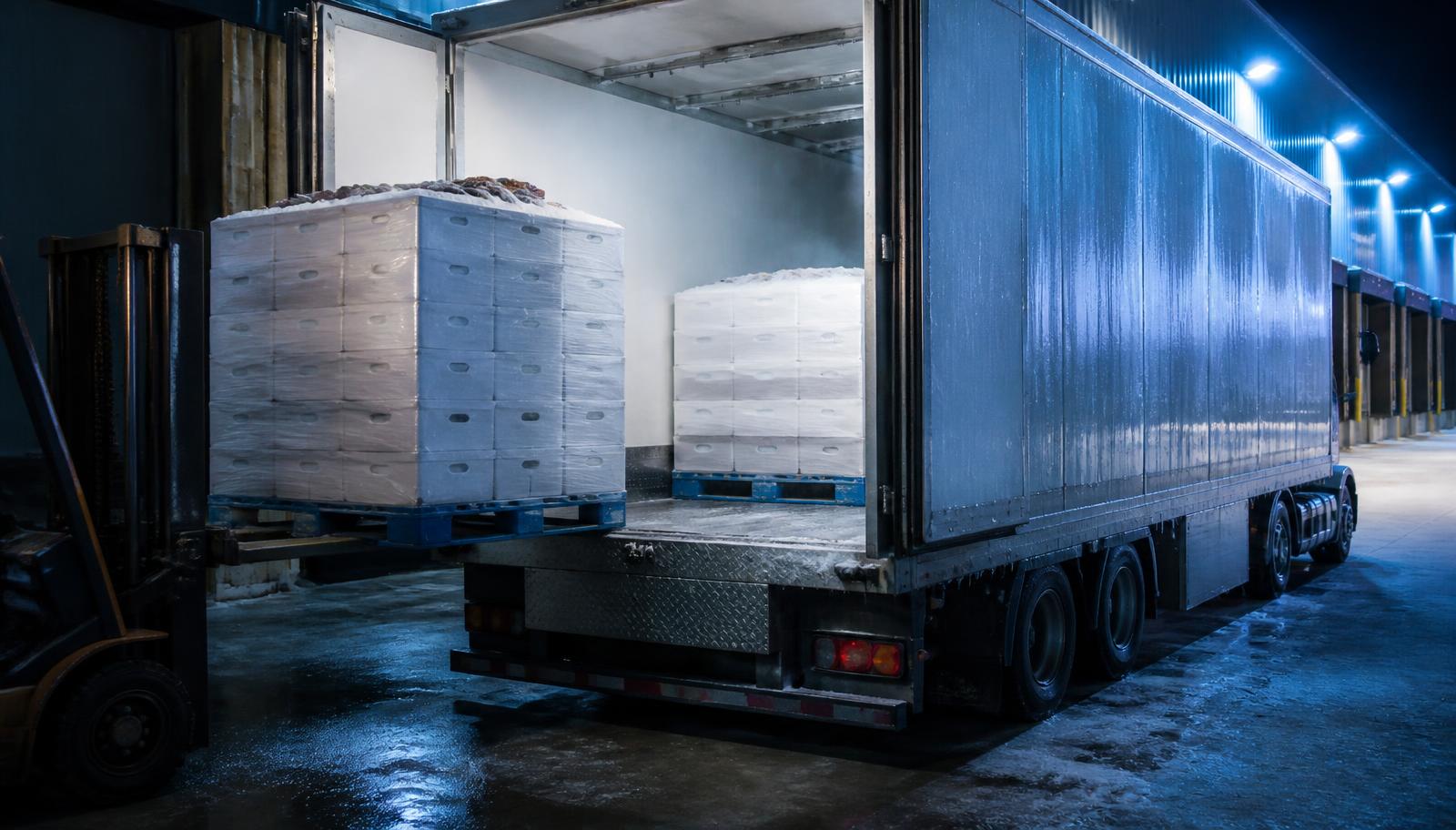 Refrigerated trailer loaded with pallets of seafood cartons