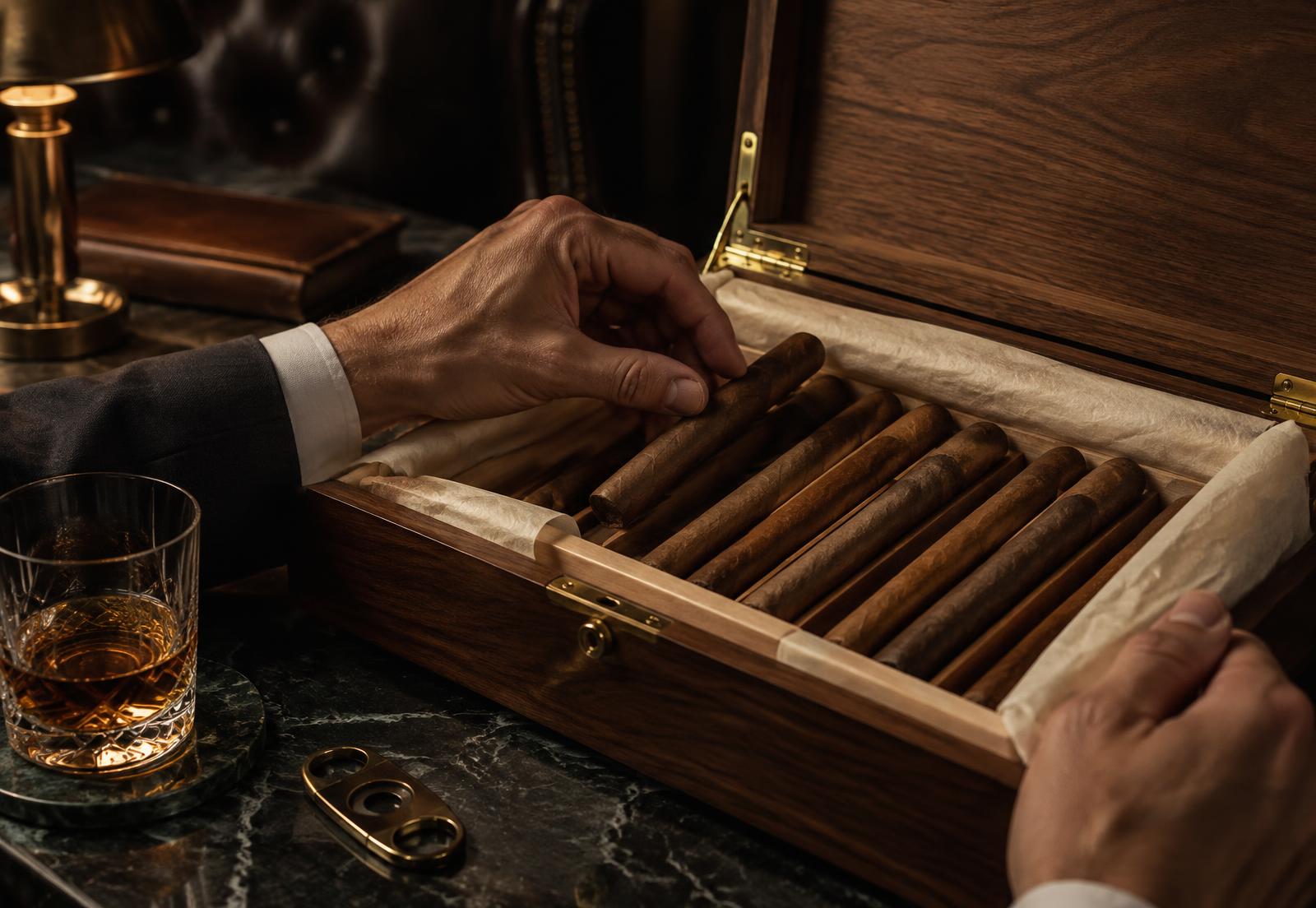 Premium cigars arranged by hand in a cedar presentation case