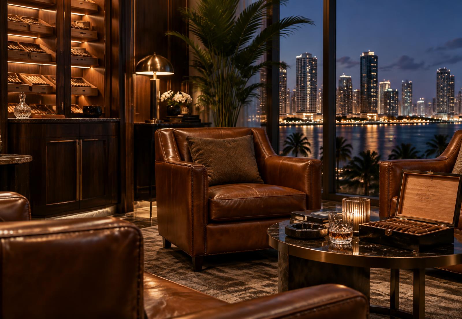 Sophisticated private cigar lounge overlooking Miami