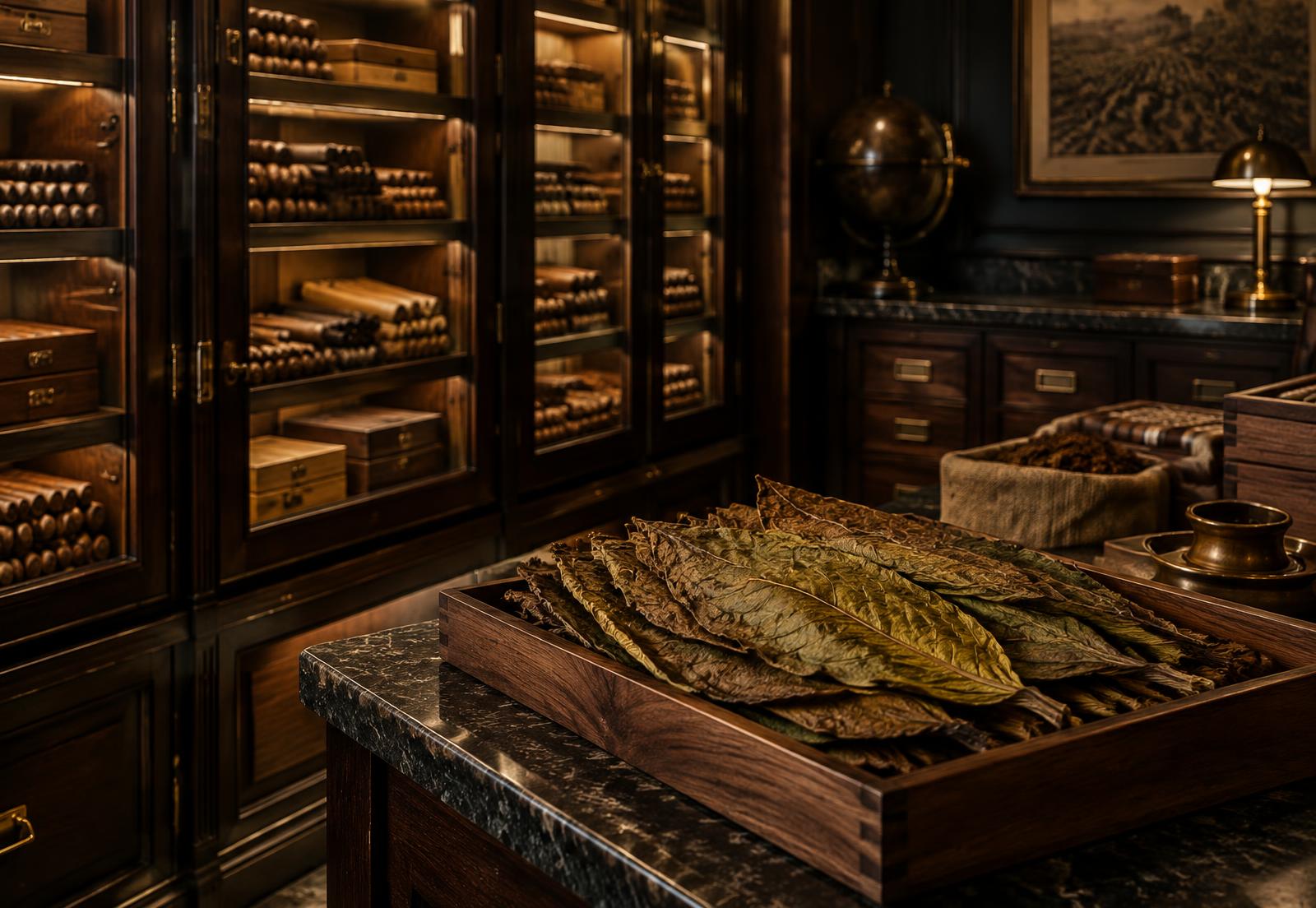 Cedar cigar aging room and carefully prepared tobacco leaves