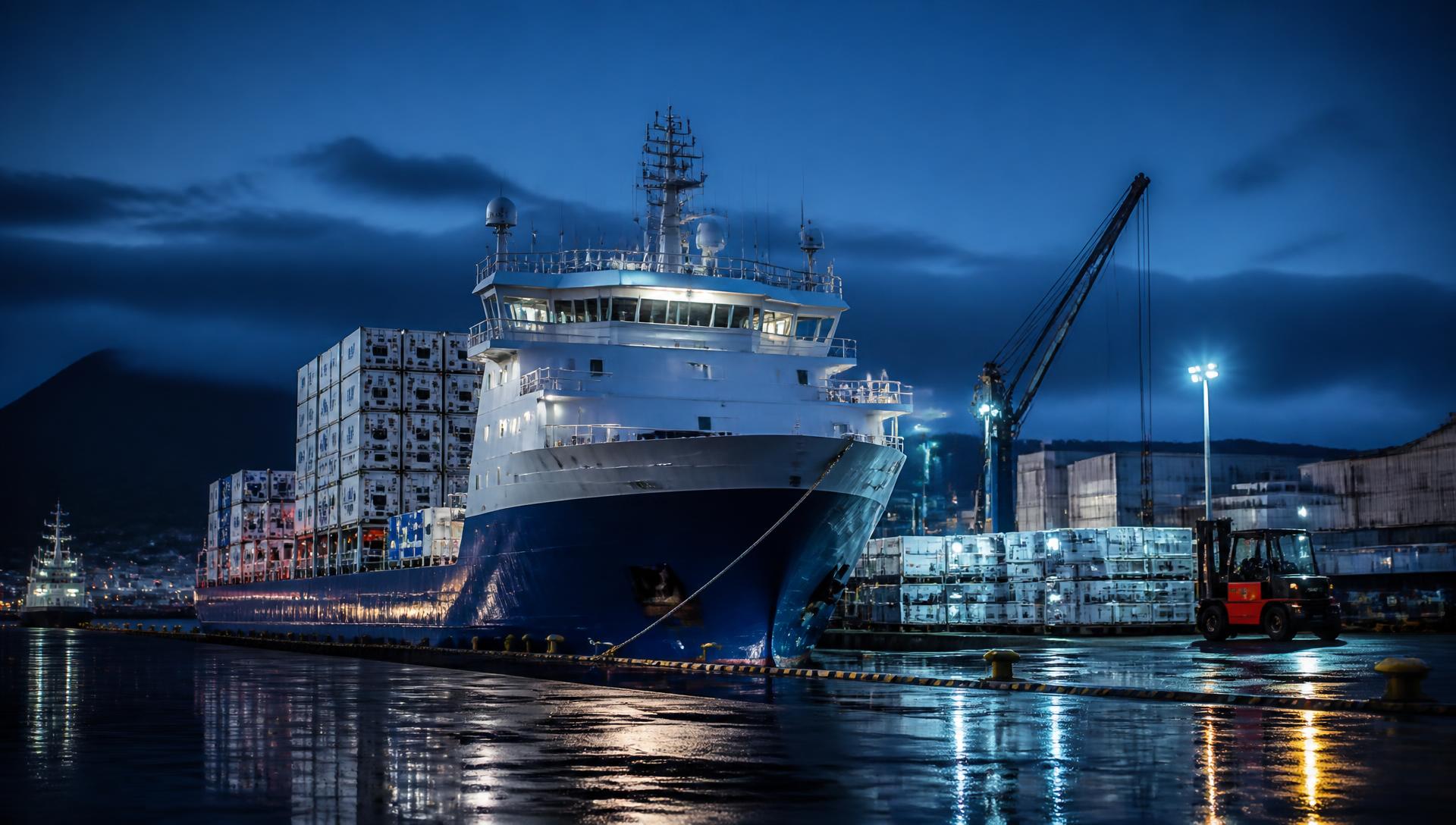 International port at dusk with refrigerated cargo